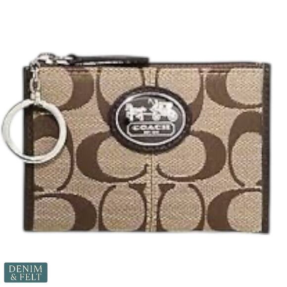 Coach Signature Canvas Zip Coin Pouch with Pink Lining & Key Ring Chain - Picture 1 of 12